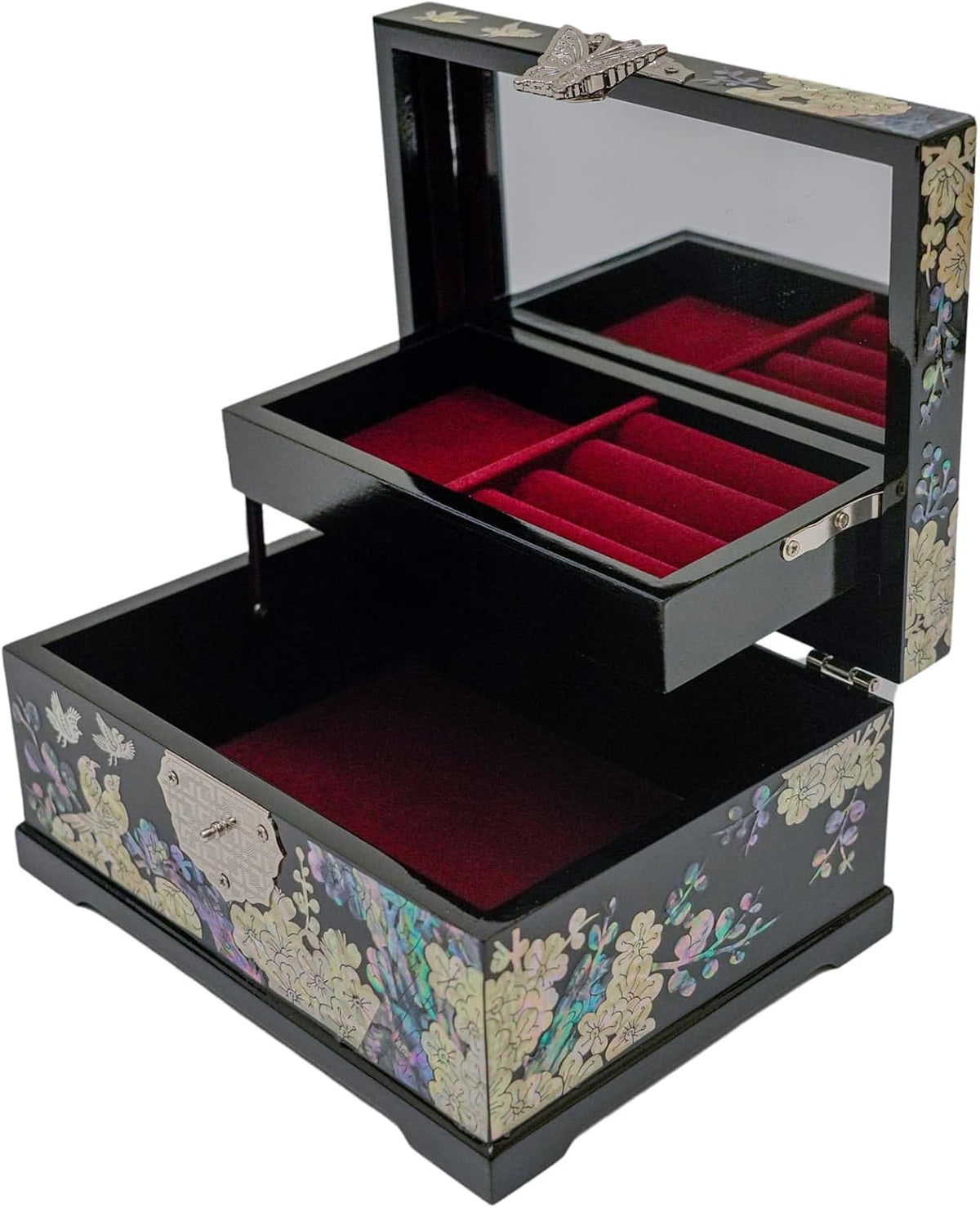 February Mountain Mother-of-Pearl Jewelry Box â€“ Handcrafted Bird & Floral Design, Two-Tier Organizer with Mirror, Black Lacquer Finish, Red Velvet Interior â€“ Christmas Gift for Women