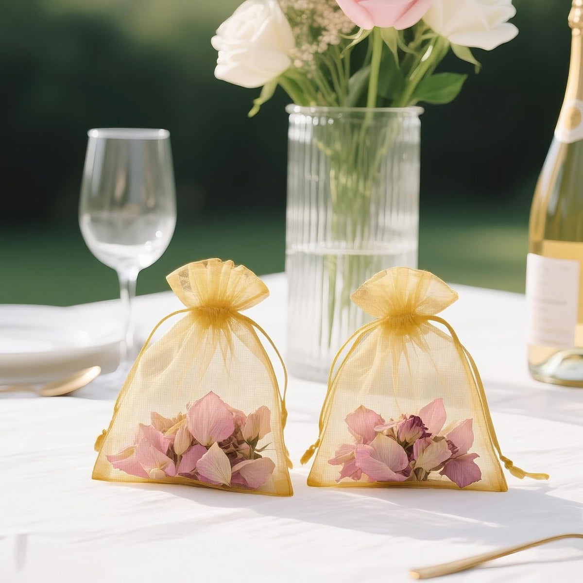 G2PLUS 100PCS Gold Organza Bags, 4x6 in Sheer Mesh Drawstring Bag