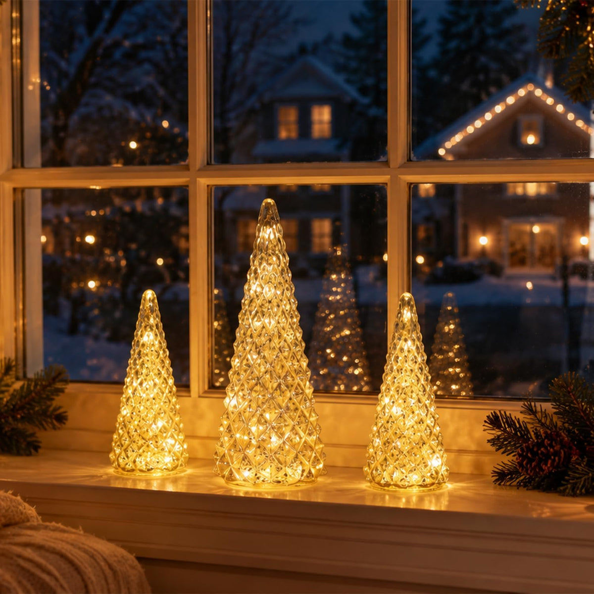 Christmas Decorations Indoor, YEAHOME Set of 3 Pre-lit Gold Glass Christmas Tree for Home Decor, Christmas Table Decorations Lighted Xmas Tree with Timer for Living Room Mantel Tabletop Party