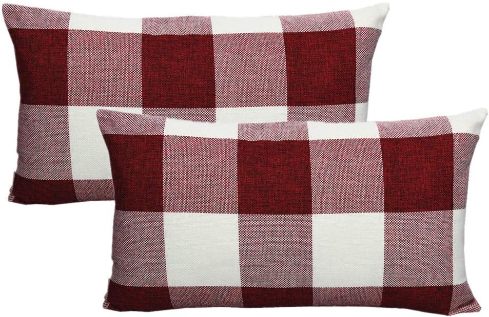 VAKADO 12x20 Inch Pack of 2 Farmhouse Retro Check Plaids Lumbar Throw Pillow Covers Christmas Decorative Rectangle Cushion Cases for Sofa Couch Car, Red White