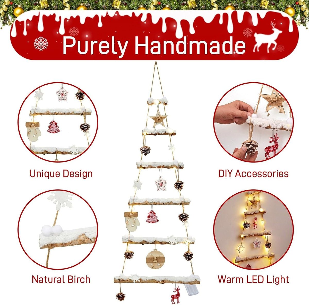 naturevibe Snowy Birch Logs Wall Christmas Tree with Lights and Accessories