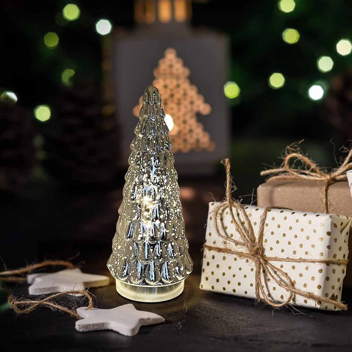 SHMILMH Silver Mercury Glass Christmas Tree, Small Tabletop Christmas Tree with Light, Battery Operated Mini Xmas Tree for Fireplace Bathroom Decor 10", Set of 2