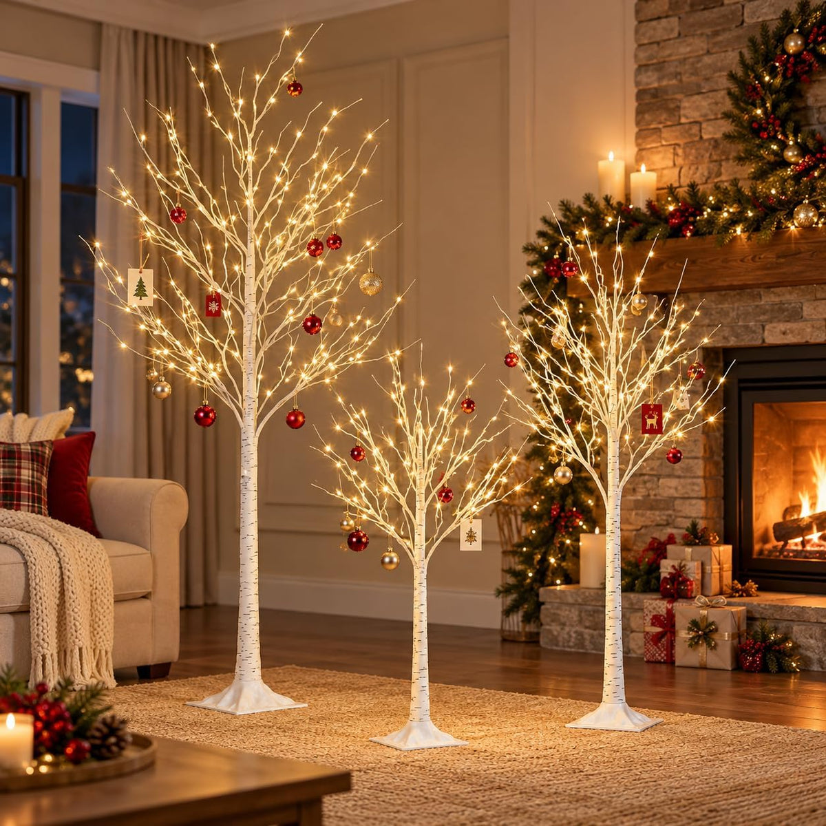 Lighted Birch Trees Set of 3, 8FT 6FT 4FT, 252 LEDs, Timer, Dimmable
