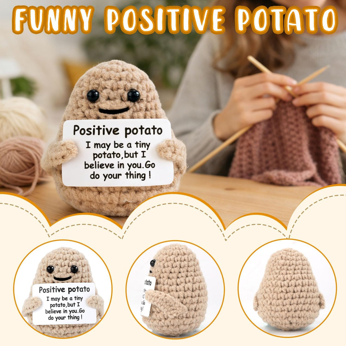 Mini Funny Knitted Wool Crochet Potato Doll Toy with Positive Card