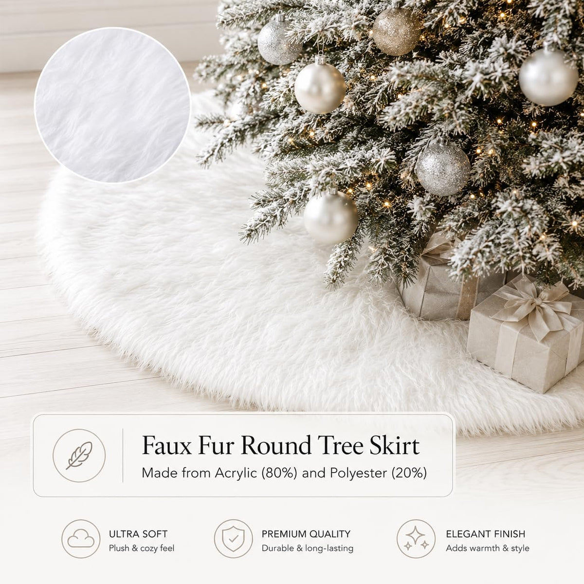 YEAHOME Christmas Tree Skirt, 48 Inch White Soft Faux Fur Tree Skirts Plush Christmas Decorations, White Ornaments Christmas Tree Skirts Xmas Decorations Indoor Holiday Party Decor