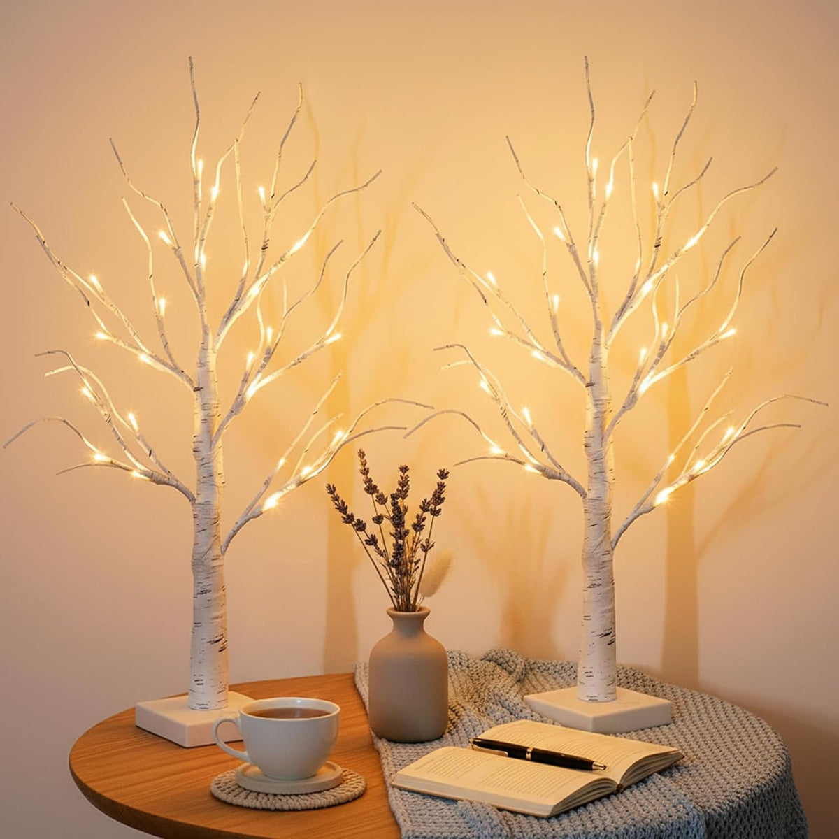 EAMBRITE Christmas Decorations Indoor Lighted Birch Tree Home Decor, 2Pack 24 LED Light Up Tabletop Mini Small Artificial White Trees Lamp with Lights Battery Operated/USB for Table Mantel (2FT)
