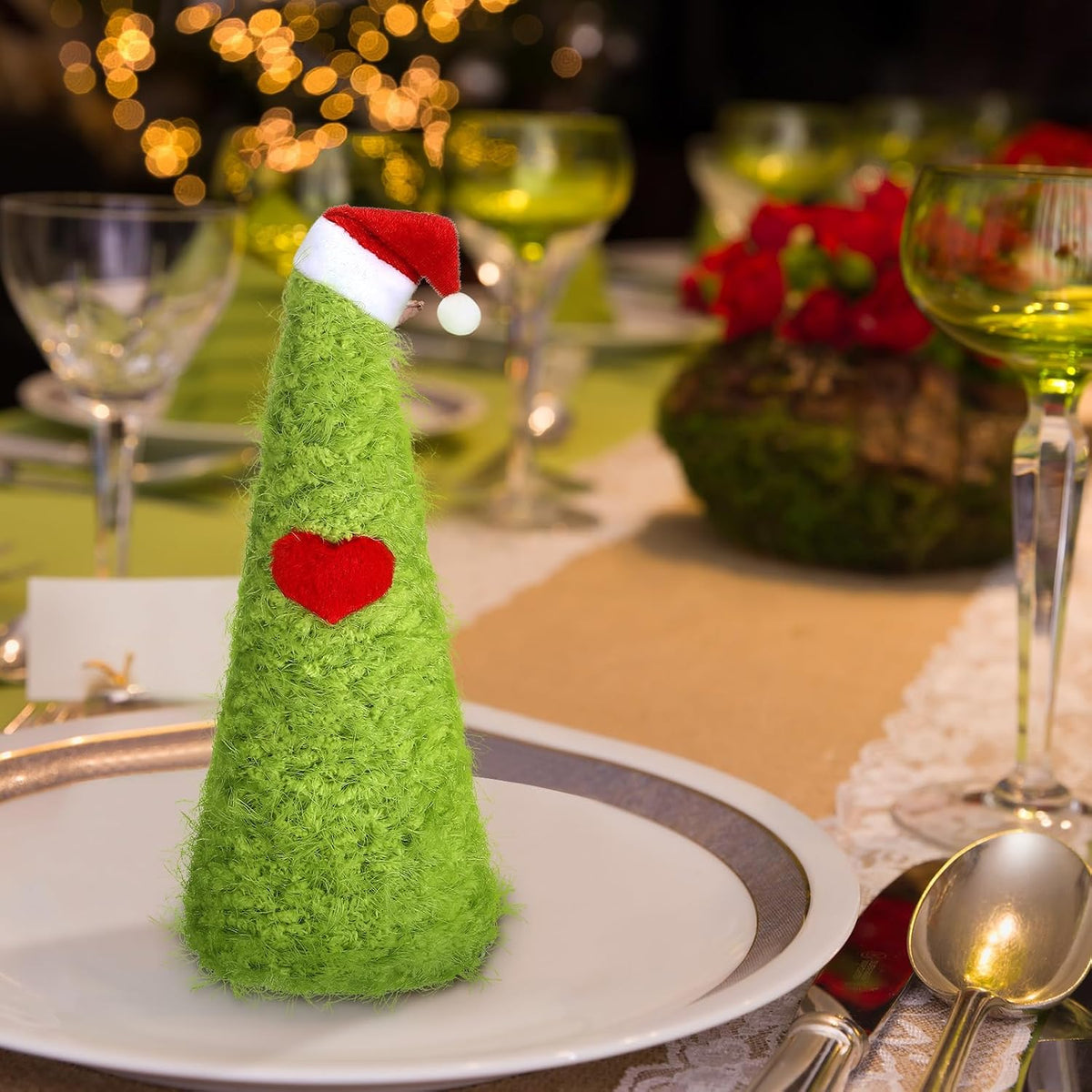 Gejoy Lime Green Mini Furry Christmas Tree Tabletop Decor Santa Hat, 9.84"