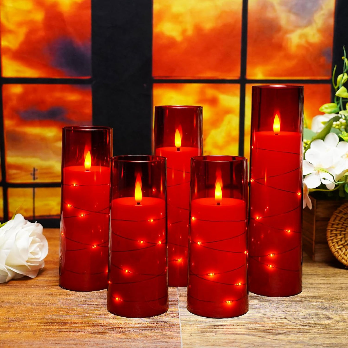 kakoya Flameless LED Candles with Timer 5 Pc Flickering Flameless Candles for Romantic Ambiance and Home Decoration Stable Acrylic Shell,with Embedded Star Stringï¼ŒBattery Operated Candlesï¼ˆRedï¼‰