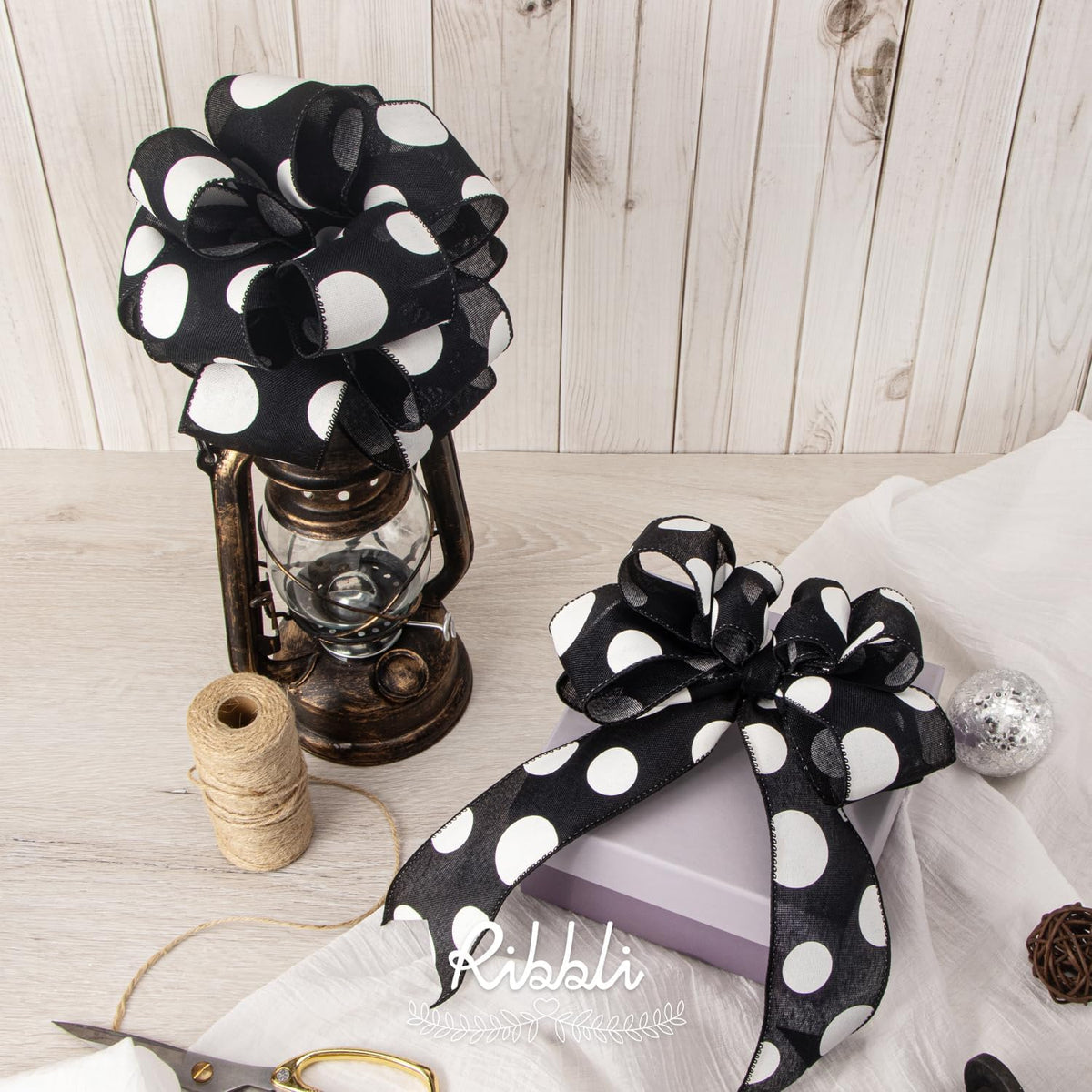 Ribbli Black and White Giant Polka Dot Wired Ribbon, 2-1/2 Inch x 10 Yard, Dots Burlap Ribbon for Craft, Wreath,Christmas Tree Decoration, Outdoor Decoration