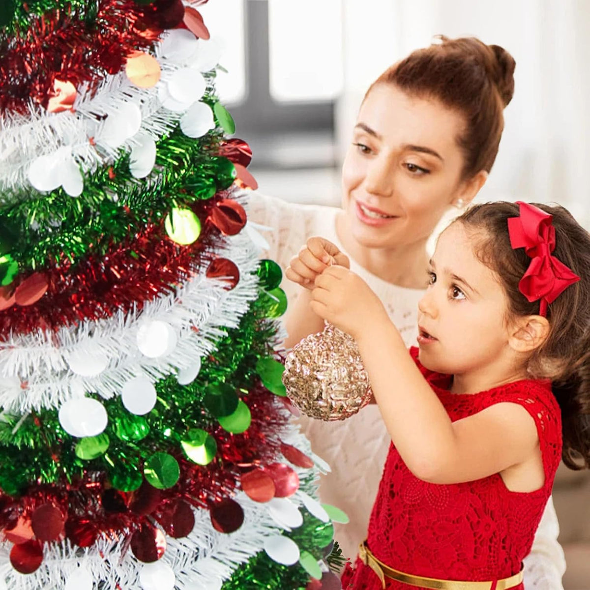 Collapsible Tinsel Christmas Tree, 5FT Red Green White Sequin Pop-Up Pencil Tree, Easy Assembly with Stand, Slim Artificial Xmas Decor for Indoor