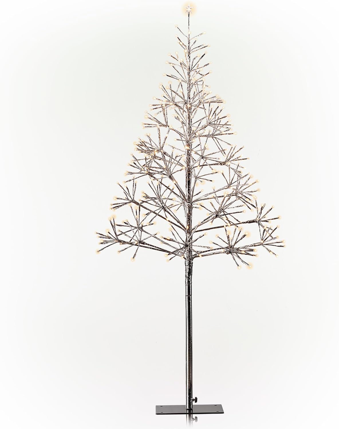 Alpine Corporation 53" Tall Artificial Christmas Tree with 380 Warm White LED Lights, Indoor/Outdoor Holiday Decoration with Flashing Lights for Porch or Lawn, Silver