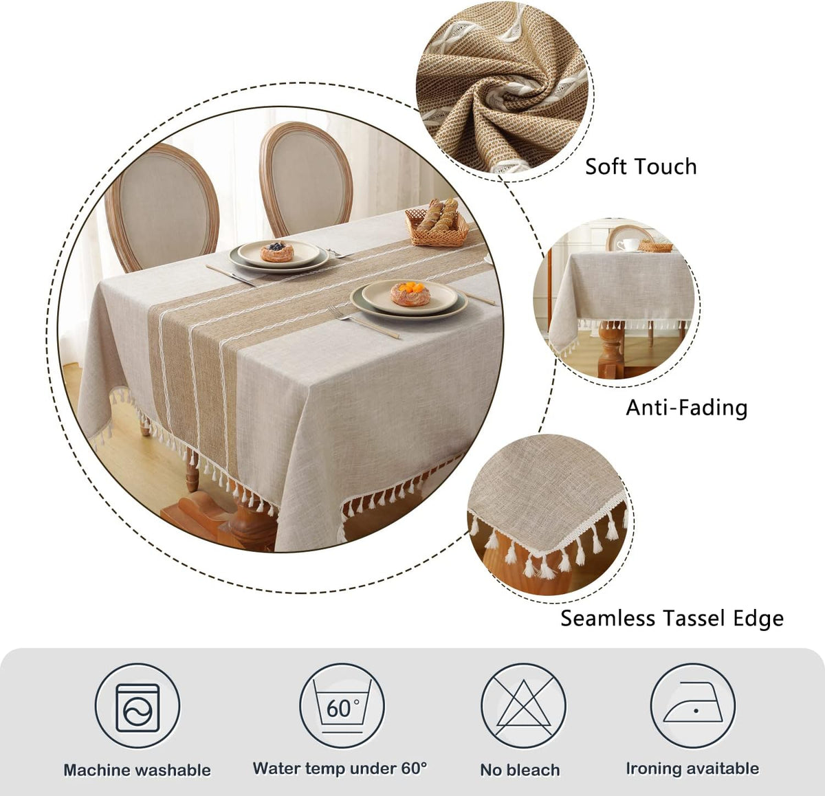 Laolitou Rustic Tablecloth Cotton Linen Waterproof Tablecloths Washable Table Cloths for Kitchen Dining,Party,Holiday,Christmas,Buffet Coffee Lines Rectangle,55''x102'',8-10 Seats