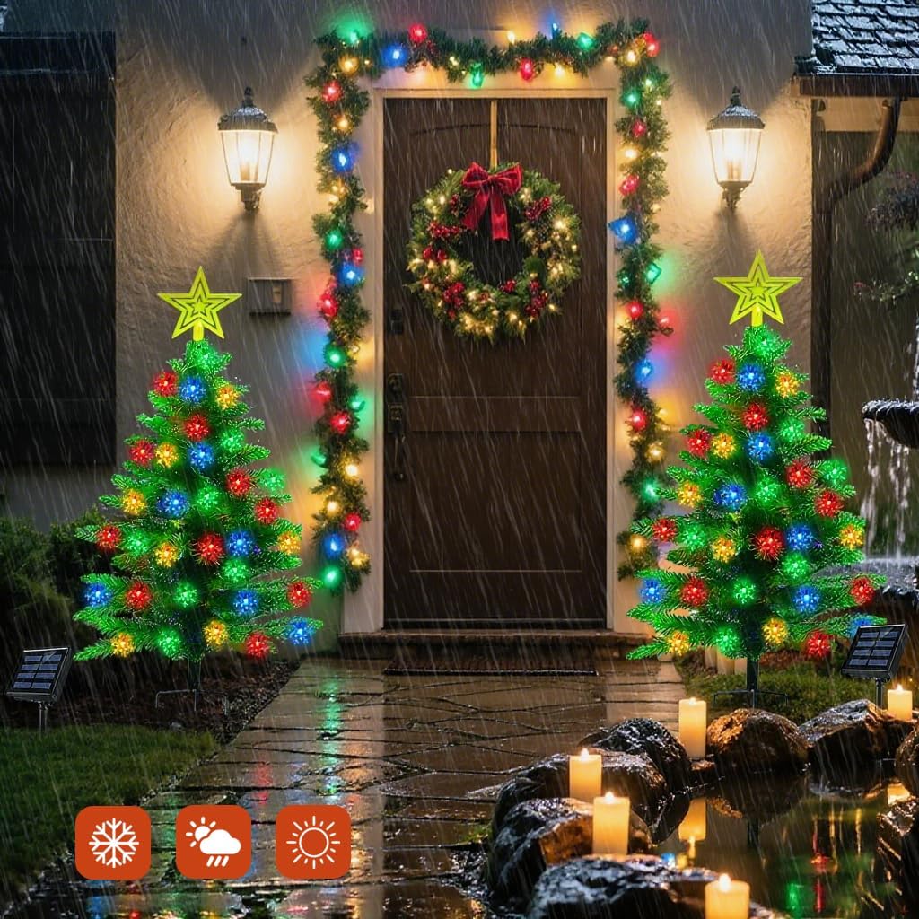 2 Pack 3.6Ft Solar Christmas Tree with 100 Snowflake Lights, Waterproof Christmas Decorations Outdoor, Solar Christmas Lights Outdoor Xmas Tree for Yard, Pathway, Porch, Cemetery, Holiday Decor
