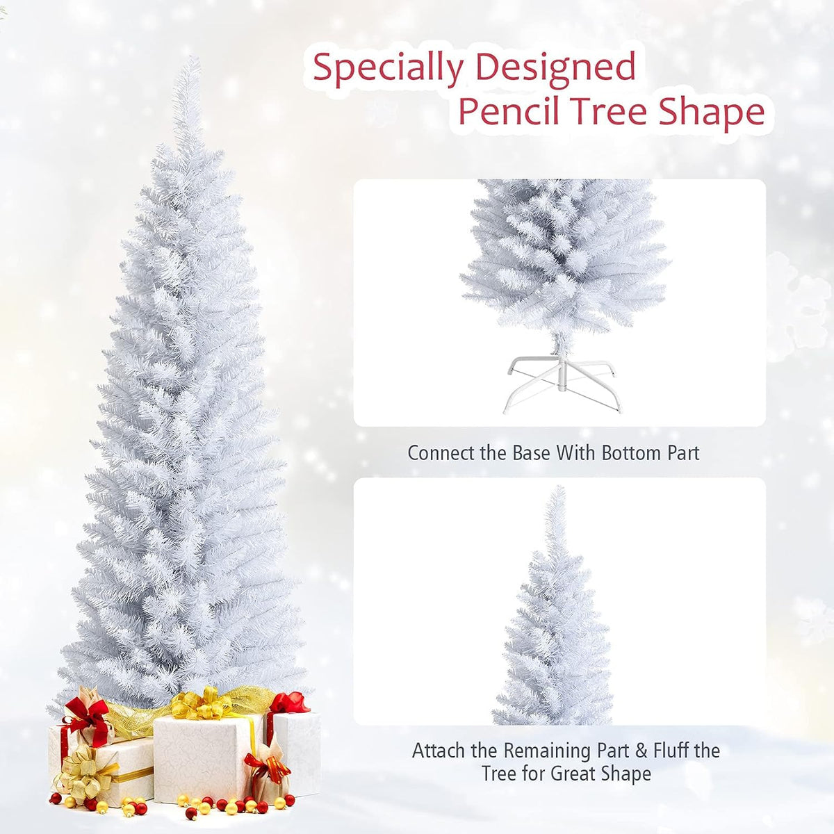 5FT White Pencil Christmas Tree, Artificial Christmas Tree w/Premium PVC Needles, Pine Tree w/Solid Metal Stand, Ideal for Home, Office, Shops, Holiday Decoration