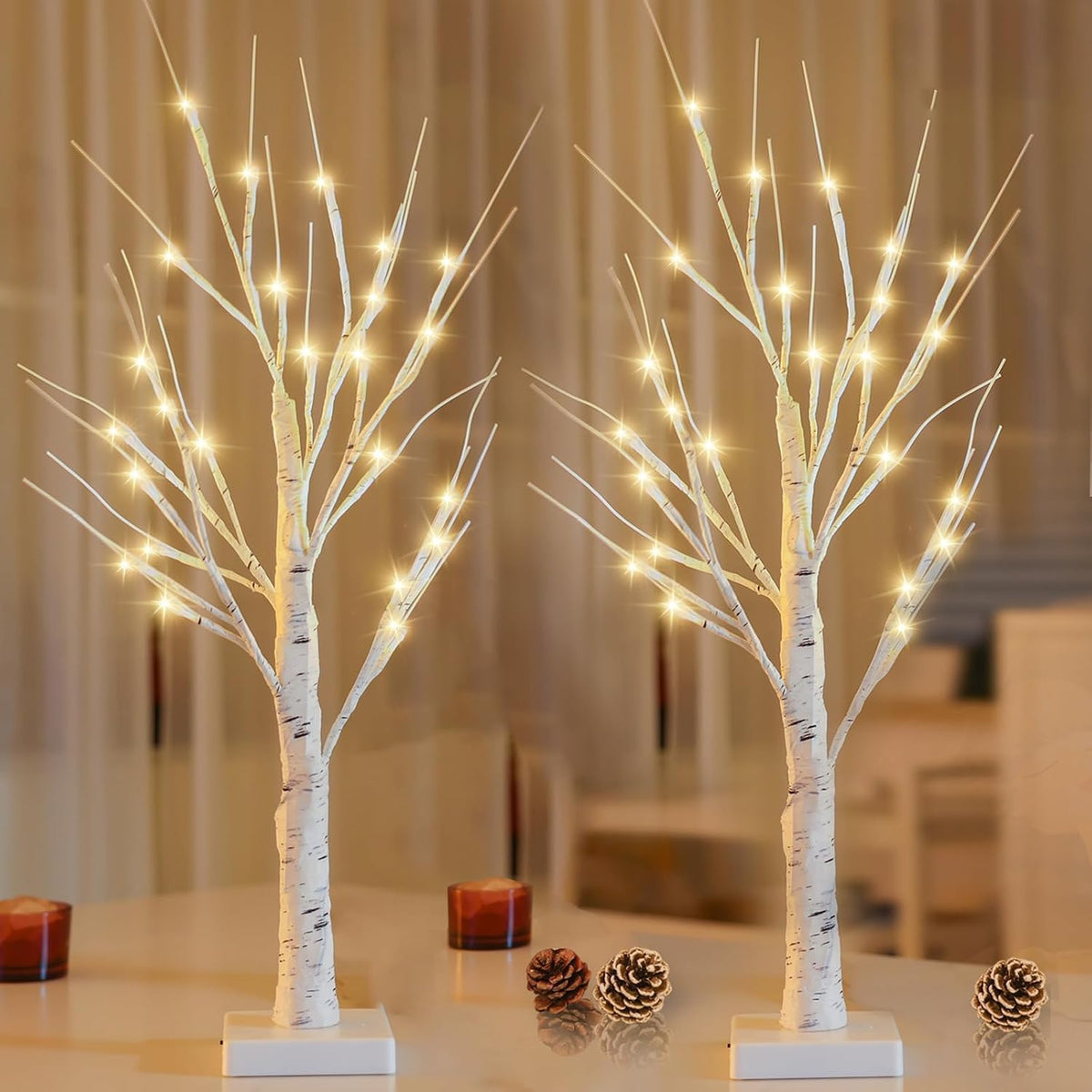 2 Pack 2FT Lighted Birch Tree with Timer for Christmas Decorations Indoor