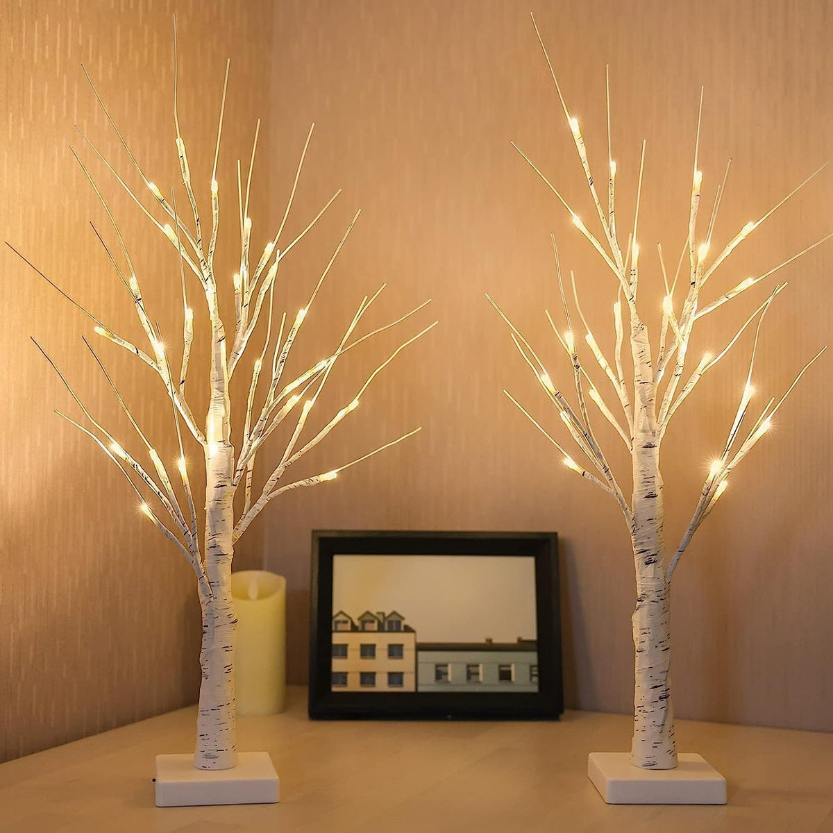 2 Pack 2FT Lighted Birch Tree with Timer for Christmas Decorations Indoor