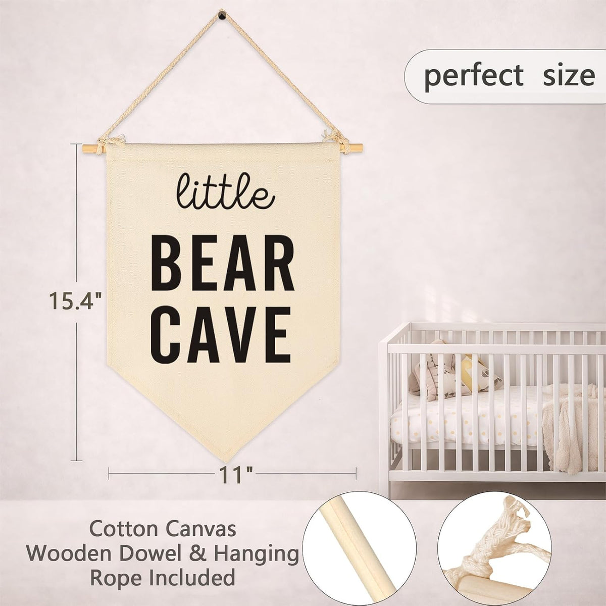 Bear Canvas Banner Flag Sign Pennant Wall Decor Gift for Baby Kid Nursery Bedroom Playroom Reading Room-Baby,Shower,Birthday Christmas Gift-Little Bear Cave-15.4"x11"