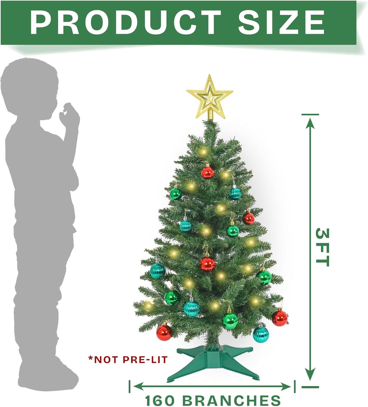 Green Christmas Tree with 9 Modes Multi-Color Lights, 3ft Small Christmas Tree Artificial Mini Xmas Tree for Tabletop, Home,Office,Holiday Party Decoration
