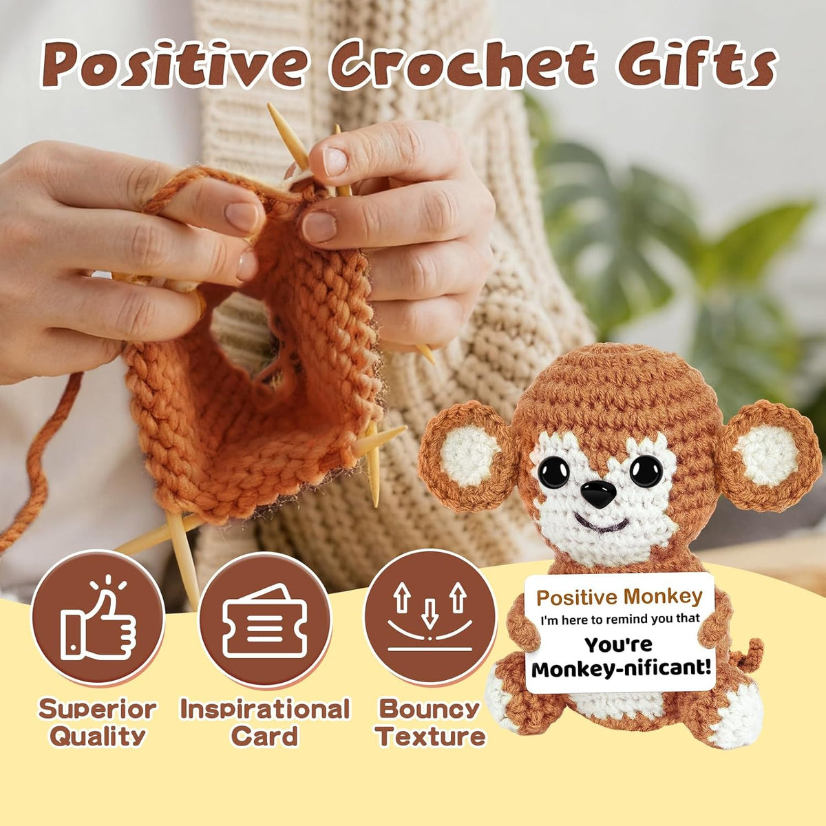Cute Funny Gift for Her/Him/Friend/Coworker, Positive Crochet Monkey
