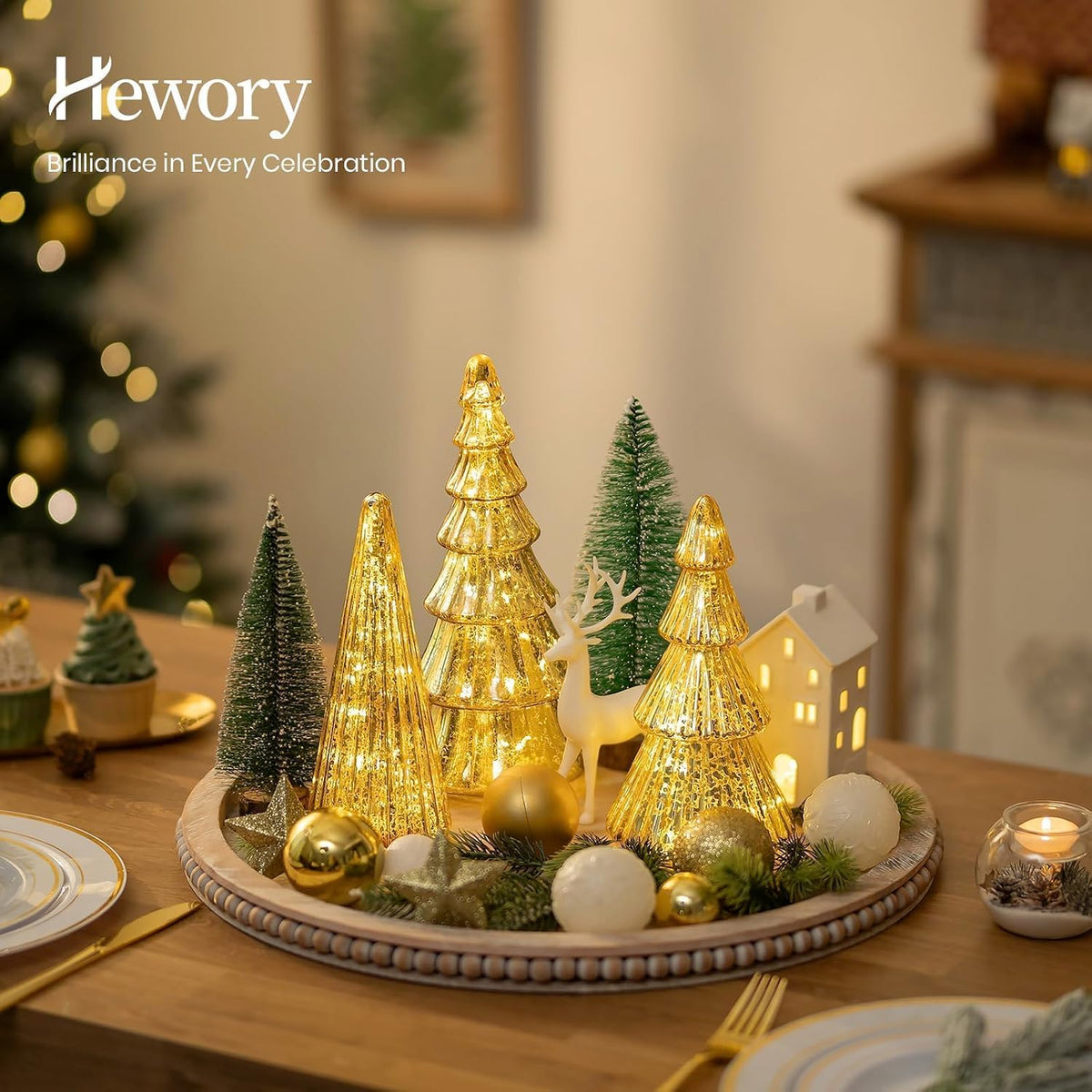 Hewory Mercury Glass Christmas Tree: 3 Pcs Gold Table Decor with LED Lights