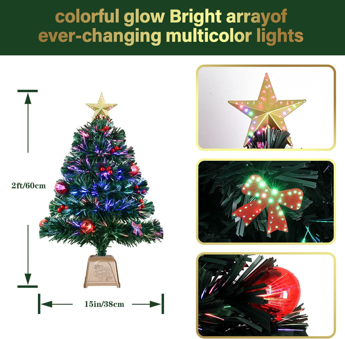 24 Inch Green Fiber Optic Christmas Tree, Prelit Artificial Tabletop Christmas Tree, Star, Butterfly and Ball Ornaments for Best Holiday Home Decorations, 2 Foot