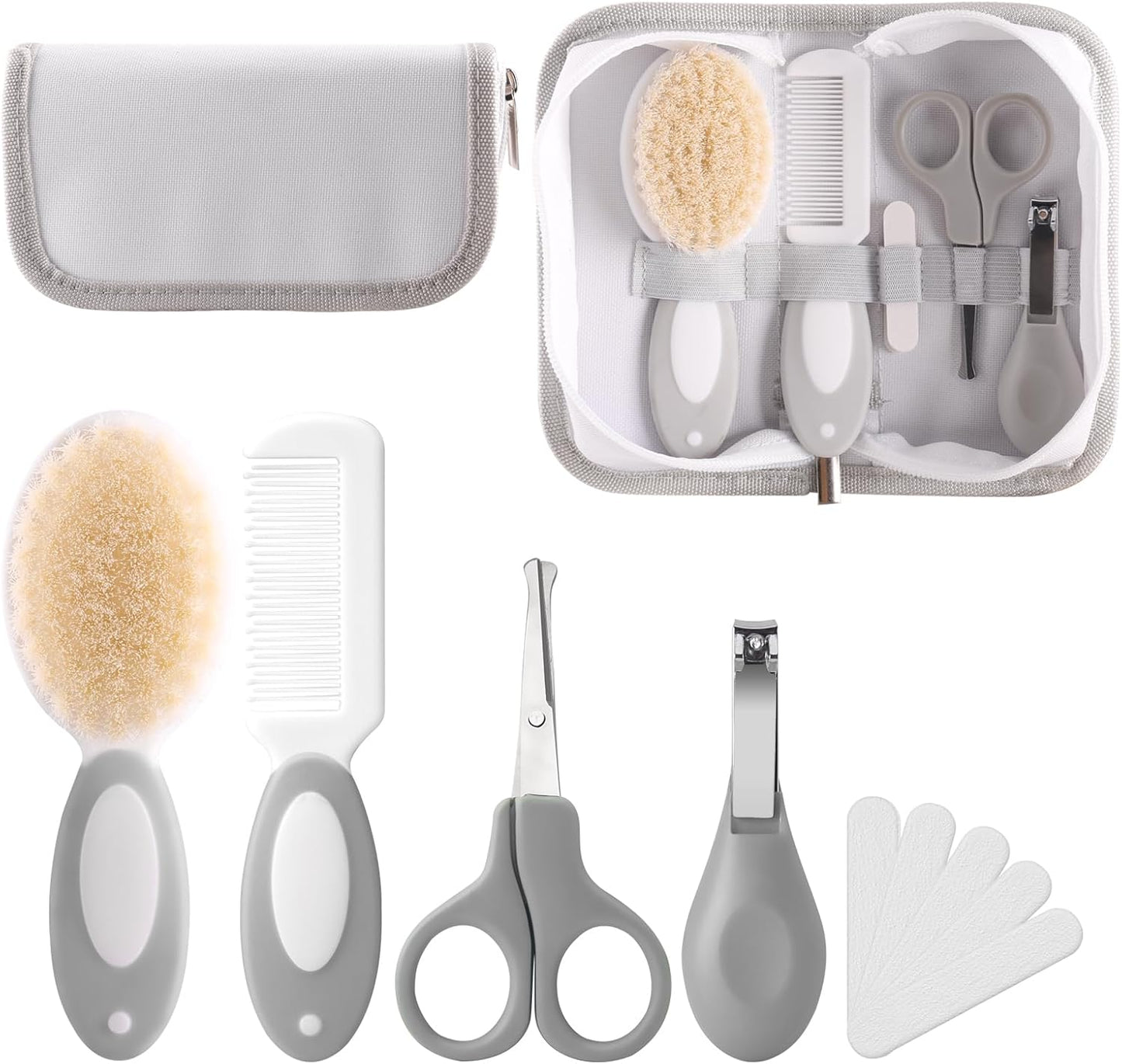 Baby Grooming Kit 5-Piece with Storage Pouch Soft Bristle Brush, Rounded Comb, Safety Scissors, Nail Clippers & Emery Board (Gray)