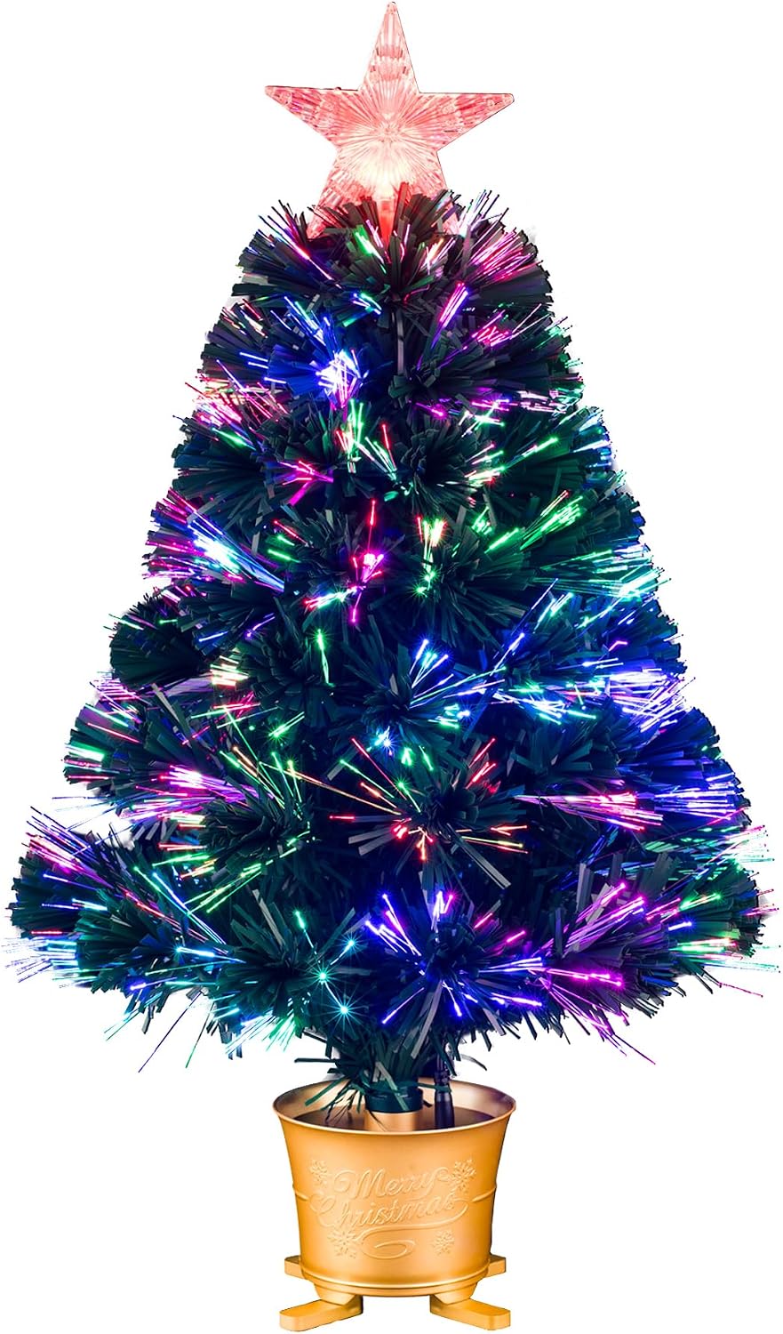 YUETJIN 24inch Green Pre-lit Small Fiber Optic Tabletop Christmas Tree