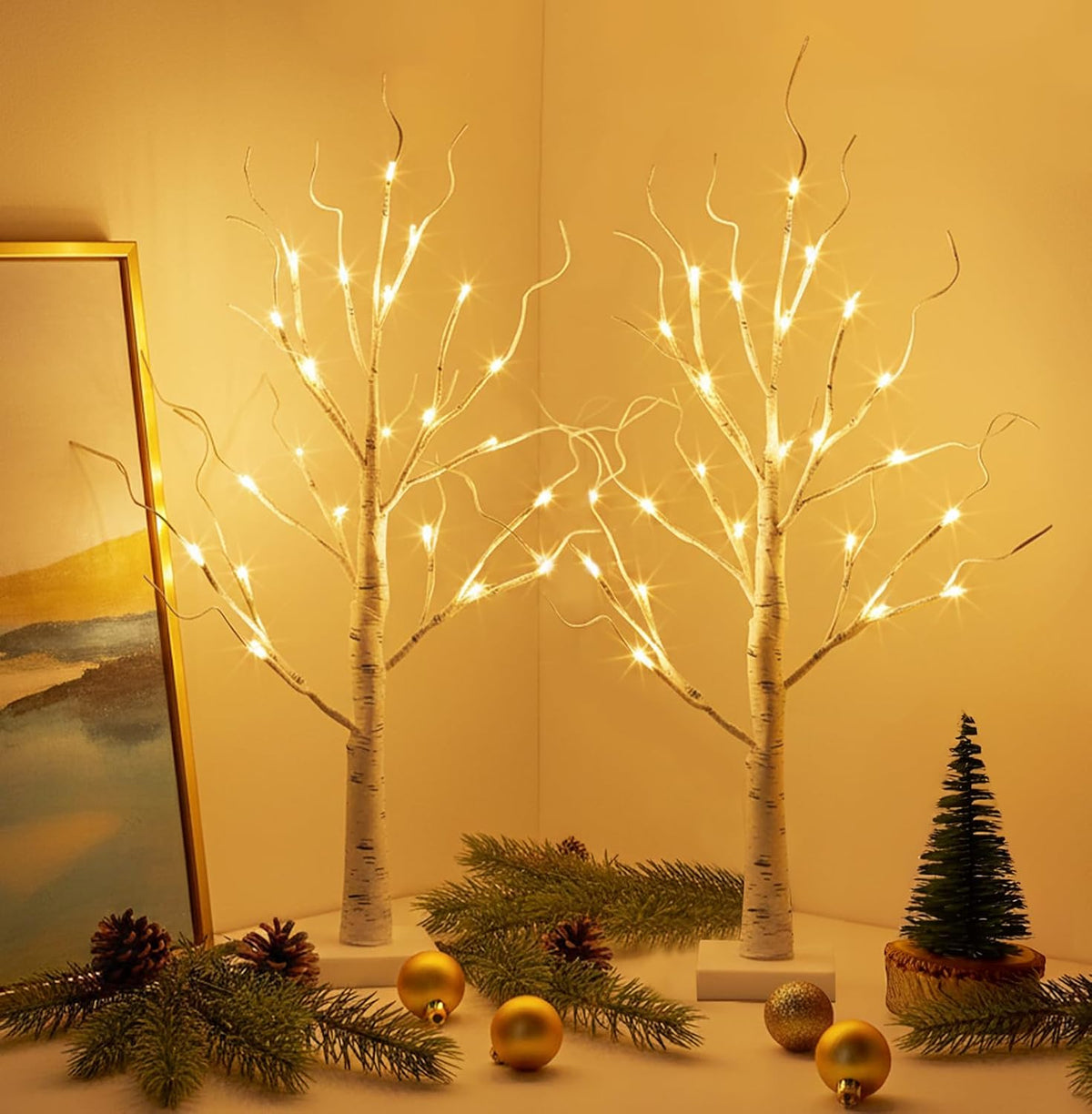 EAMBRITE Christmas Decorations Indoor Lighted Birch Tree Home Decor, 2Pack 24 LED Light Up Tabletop Mini Small Artificial White Trees Lamp with Lights Battery Operated/USB for Table Mantel (2FT)