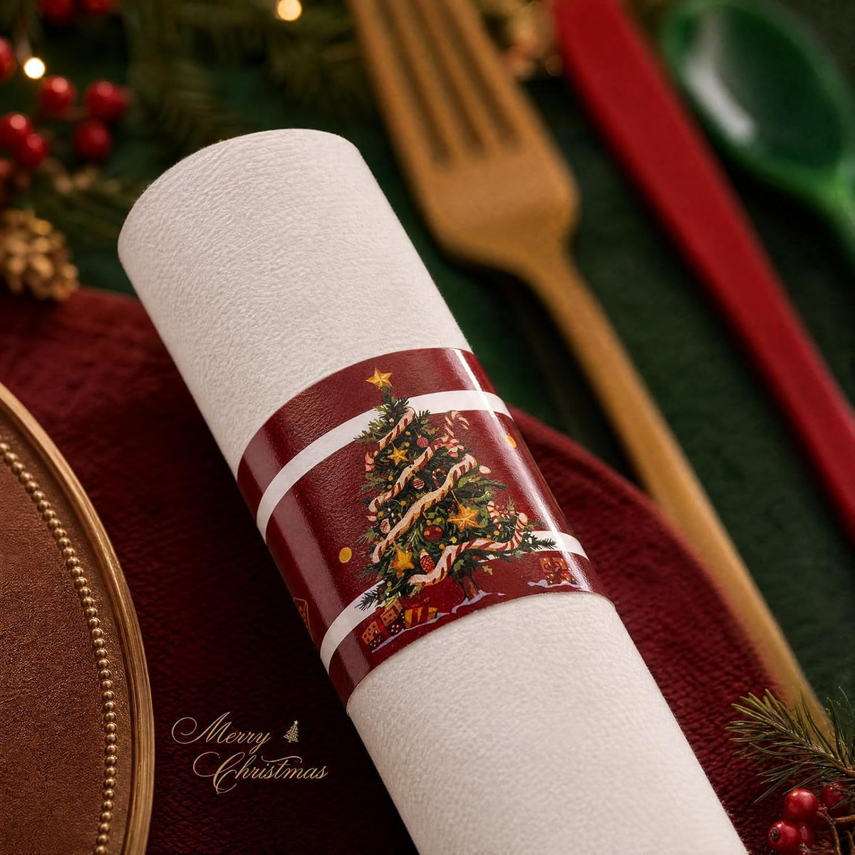 Liacere 100Pack Pre Rolled Silverware and Napkin - Wrapped Plastic Cutlery Set with Napkin:100 Gold Forks,100 Red Knives,100 Green Spoons,100 Napkins for Christmas