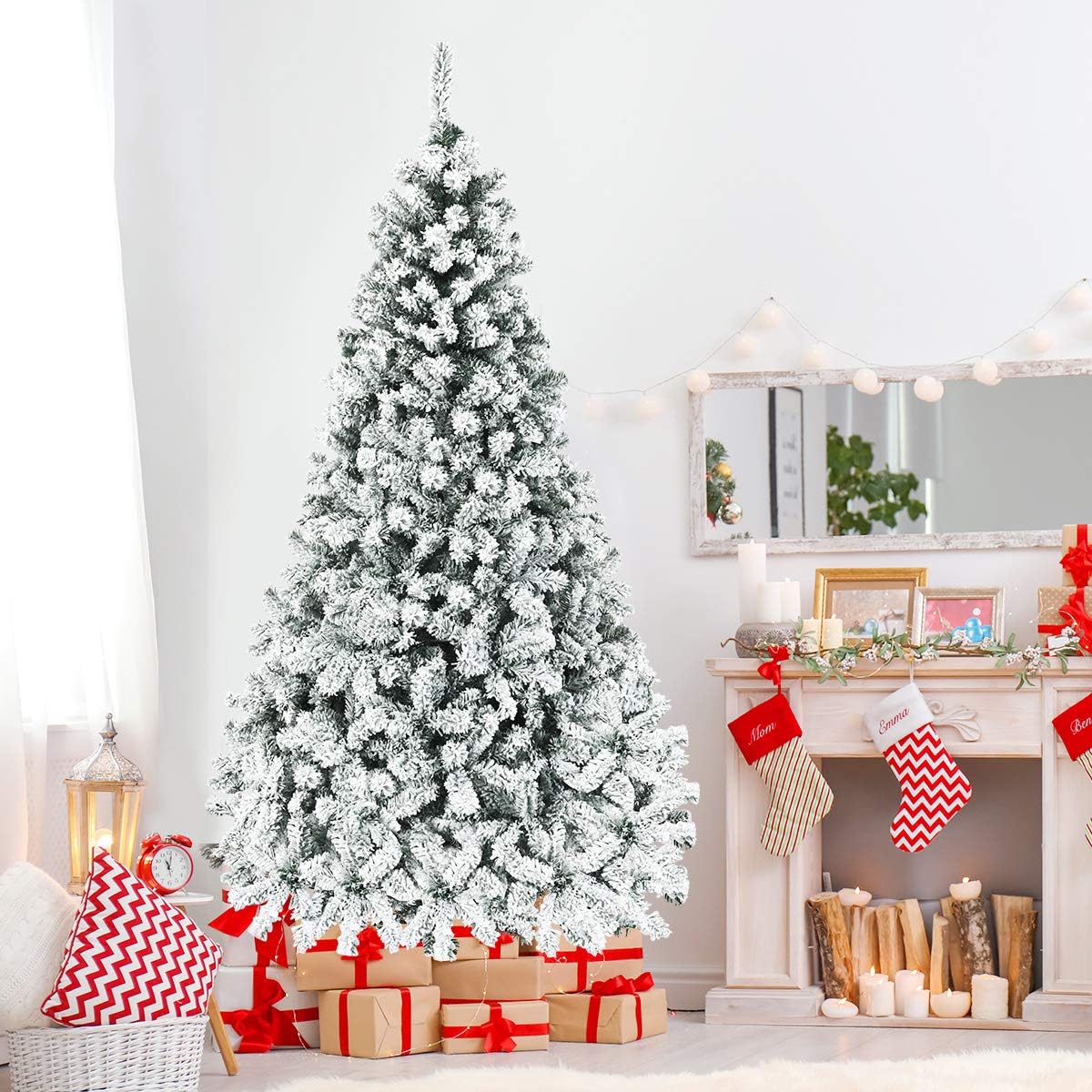 Nightcore 7.5FT Pre-Lit Artificial Christmas Tree, Snow Flocked Hinged Pine Tree w/with 1010 Branches Tips and 450 Warm LED Lights, Perfect Xmas Decoration for Indoor & Outdoor Home Office Party