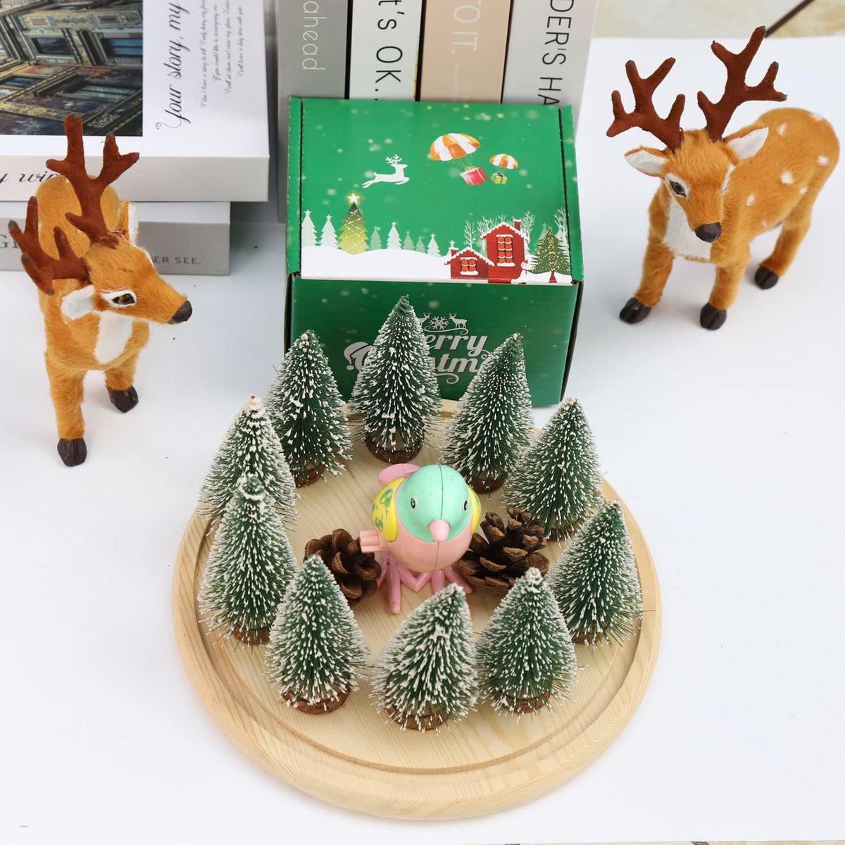 10pcs 4inch Mini Christmas Tree Bottle Brush Trees Chrismas Village Trees Ornaments Mini Plastic Christmas Trees with Wooden Base for Christmas Decoration Miniature Chrismas Tree (Green)