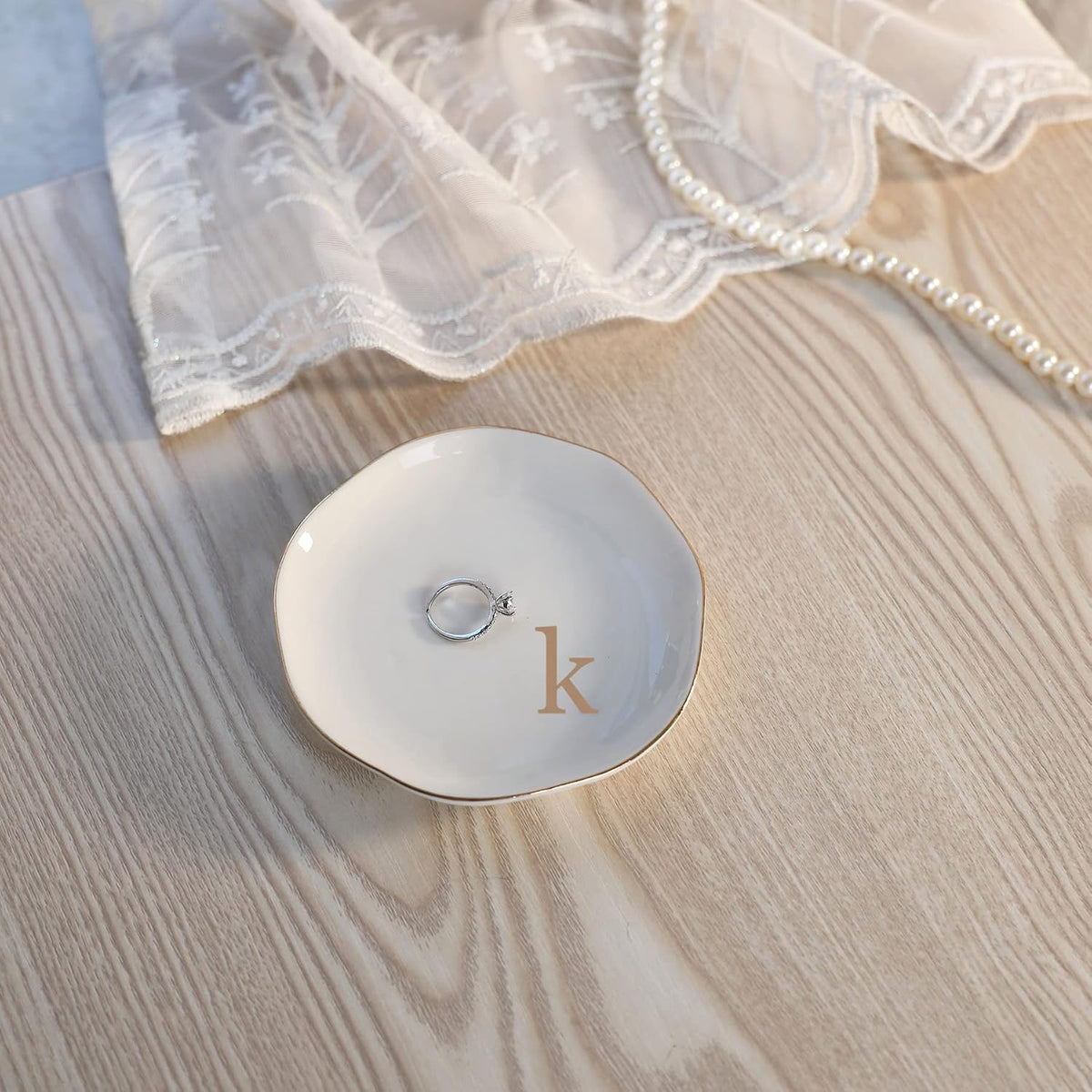 Initials Ring Dish Jewery Tray with Personalized K-Monogrammed Engagement Wedding Gifts for Friends,Sister,Birthday Christmas Gifts for Women,Ceramic White