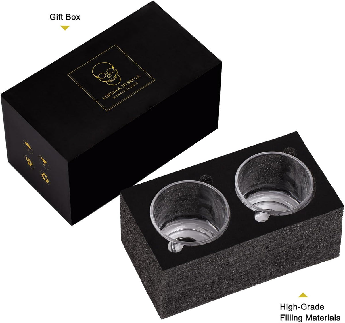 Hand Blown Crystal Skull Whiskey Glasses, Set of 2 Bourbon Glasses In Gift Box - 10 Oz Old Fashioned Glasses for Scotch, Cocktail, Rum - Perfect Gifts for Halloween, Christmas, Thanksgiving for Men