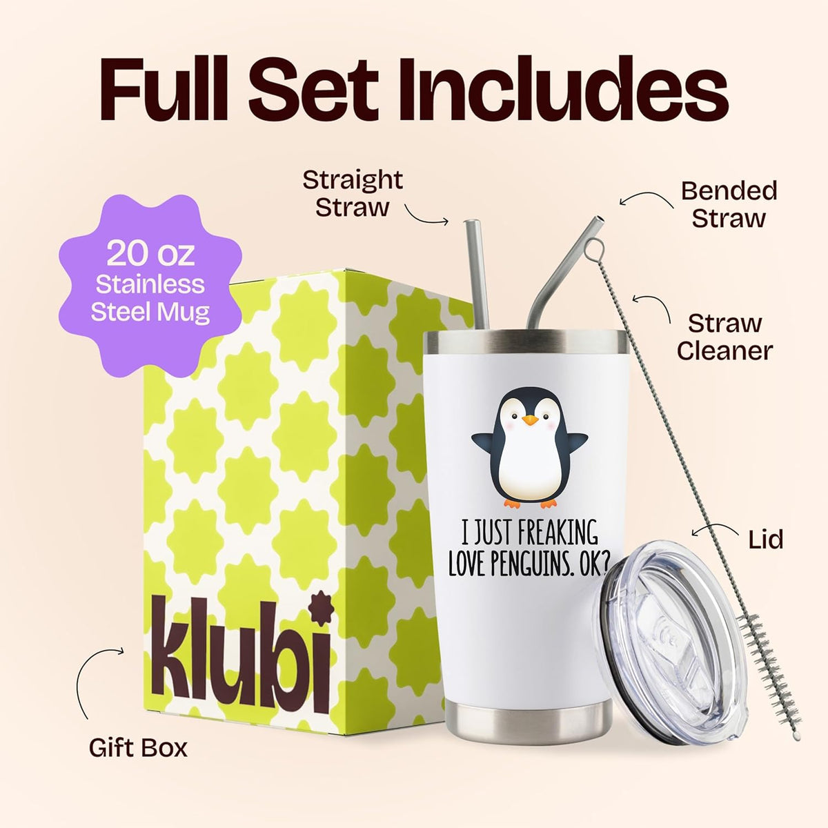 KLUBI Penguin Gifts for Women - 20oz Penguin Tumbler Themed Christmas Gifts With Penguins Gift Ideas Penguin Figurines Teacher Gifts Gag Gifts for Her