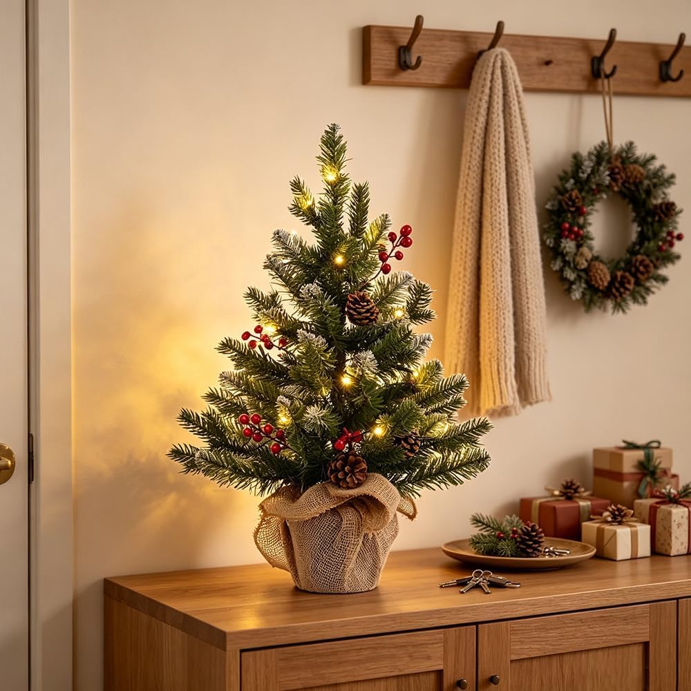 MEETYAMOR 2 FT Mini Christmas Tree, 24" PE Prelit Small Artificial Tabletop Snow Flocked Christmas Trees Decor with 20 Lights Timer, Outdoor Indoor Porch Table Centerpieces Xmas Christmas Decorations