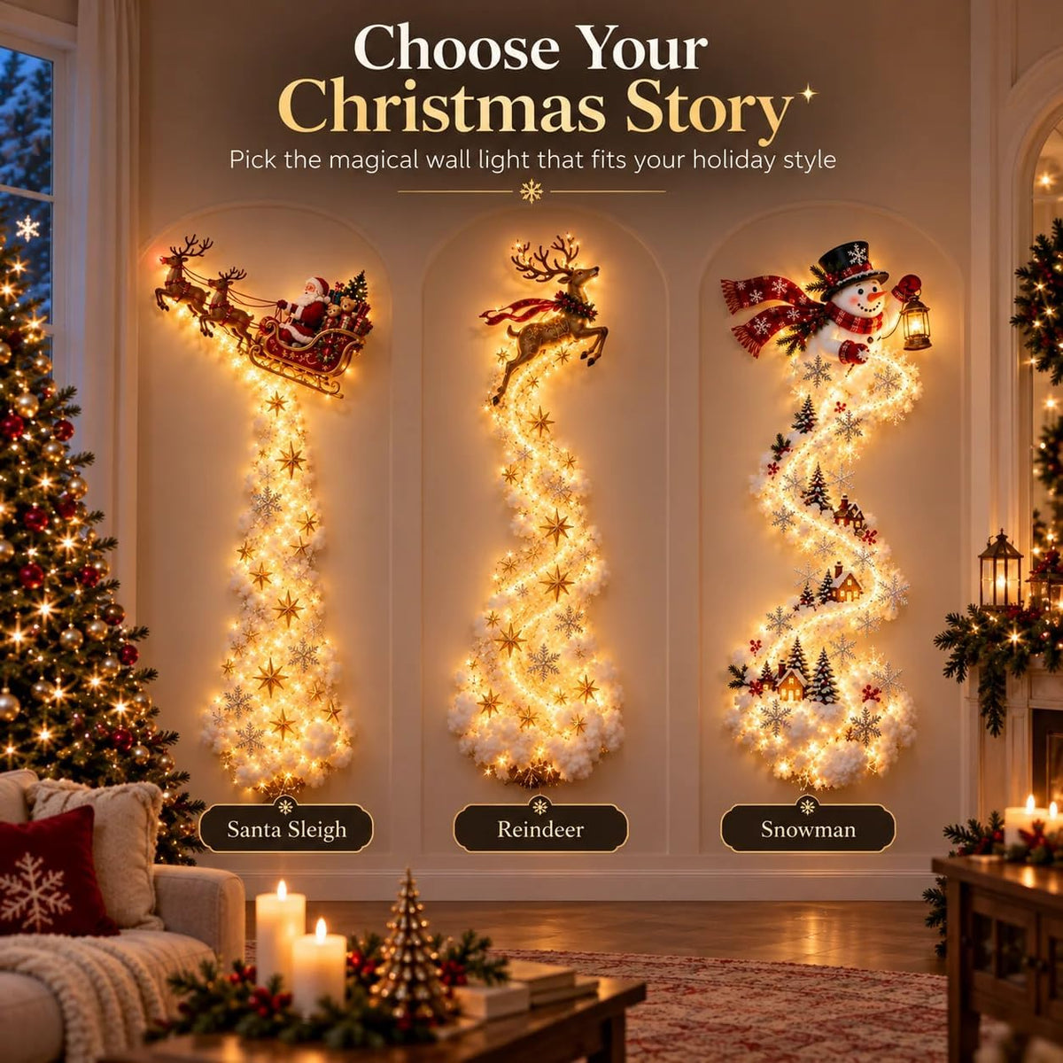 Christmas Magic Trail Wall Light -3D LED Glowing Christmas Scene Wall Decoration, Santa Sleigh Reindeer Hanging Decoration Indoor Holiday Decor for Living Room, Festive Xmas Giftï¼ŒTrain