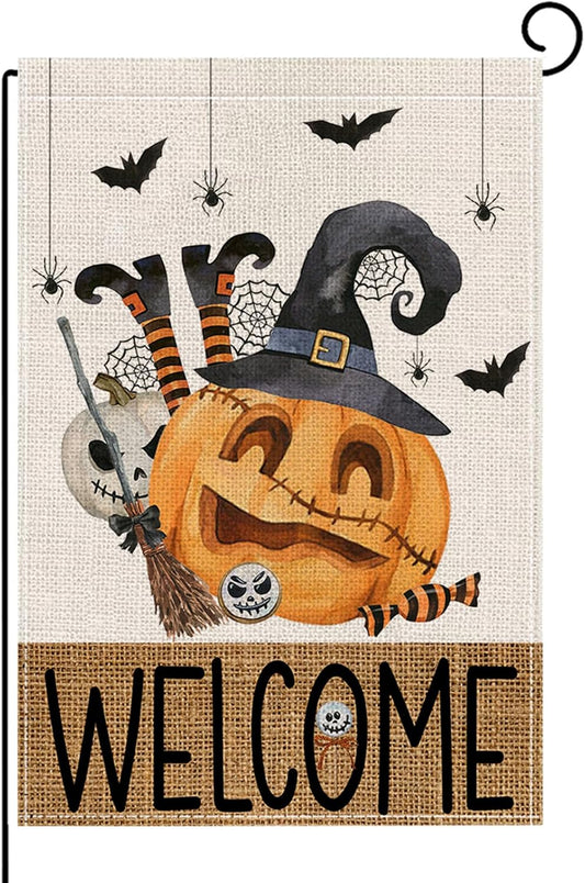 12×18 in Double-Sided Halloween Garden Flag Burlap Pumpkin, Ghost, Witch Hat & Web Designs | USA Decoration®