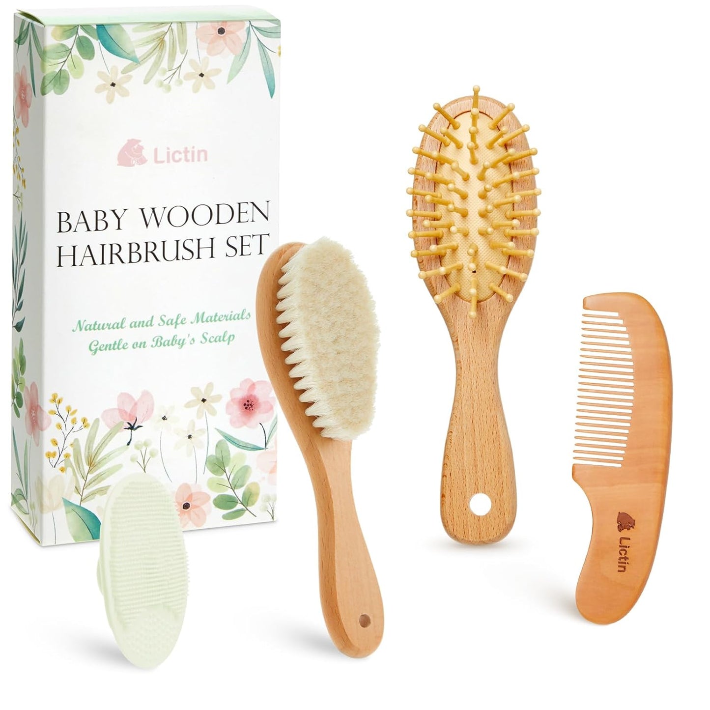 Lictin Baby Hair Brush and Comb Set 4 Pieces Newborn Hair Care Kit with Soft Natural Goat Hair Brush & Wooden Cradle Cap Comb Gentle Grooming for Newborns & Toddlers