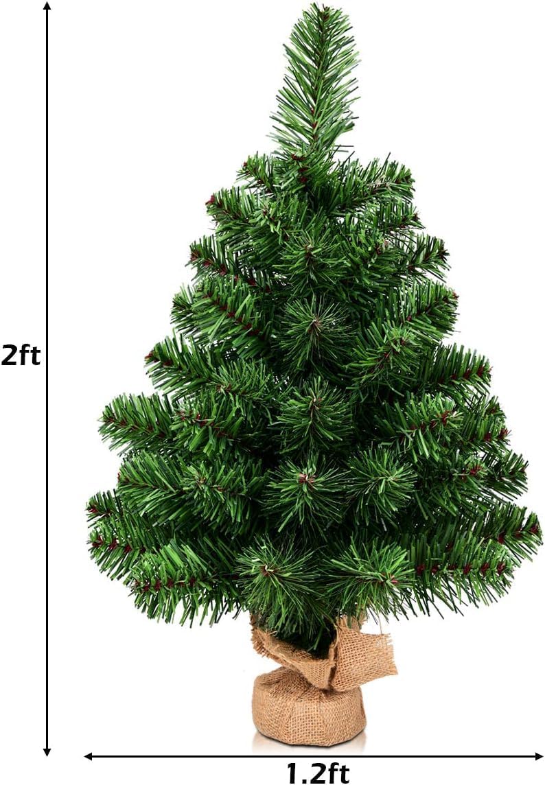 2FT Artificial Tabletop Christmas Tree, Premium Spruce Christmas Tree with Burlap Base, Suitable for Kitchen, Table and Office, Green (2FT)