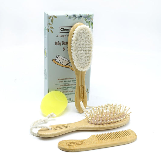 Bamboo Baby Brush Comb Set 4 Piece Soft Goat Hair Grooming Kit for Newborns
