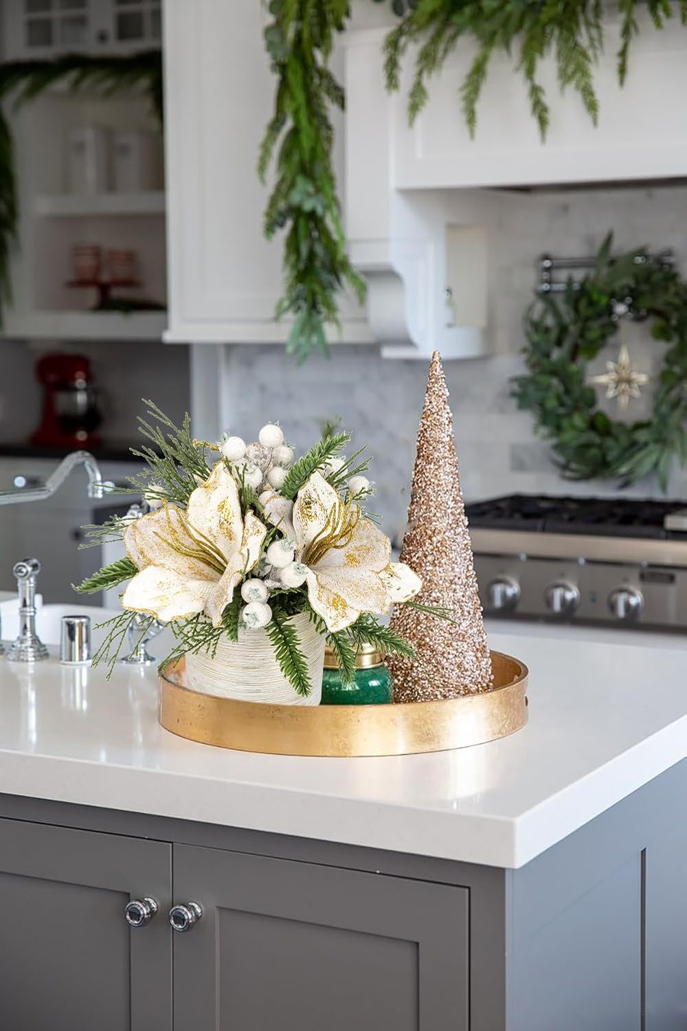 Briful 11.4 Inch Christmas Tree Large Artificial Potted Christmas Arrangment in Pot with White Pine Snowy and Magnolia Xmas Flowers for Centrepieces Table Window Console Countertop DÃ©cor