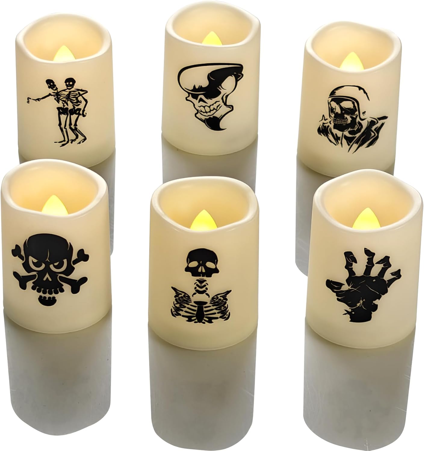 Battery-Operated Flameless Votive Candles with Skull Decals Pack of 6 Flickering LED Lights | USA Decoration®