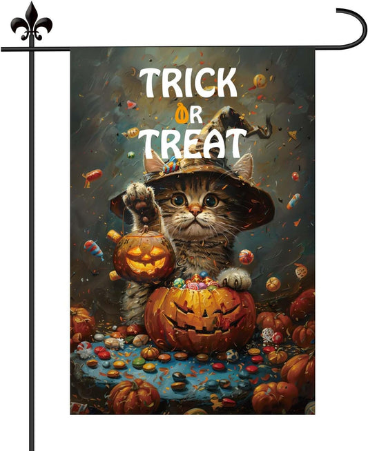 Halloween Black Cat “Happy Meoween” Garden Flag 12? × 18? Double-Sided Outdoor Decor | USA Decoration®