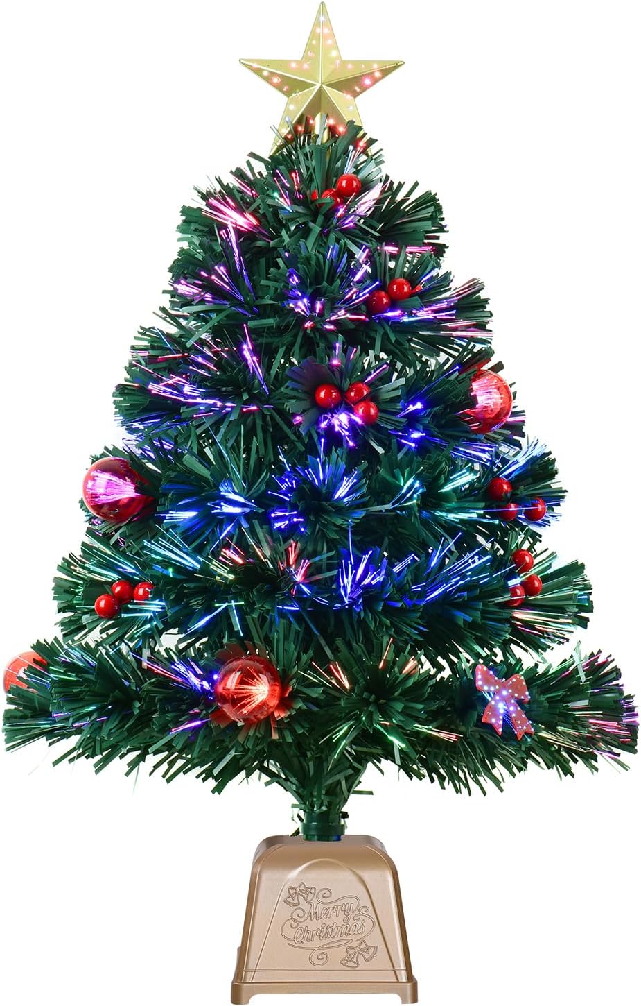 24 Inch Green Fiber Optic Christmas Tree, Prelit Artificial Tabletop Christmas Tree, Star, Butterfly and Ball Ornaments for Best Holiday Home Decorations, 2 Foot
