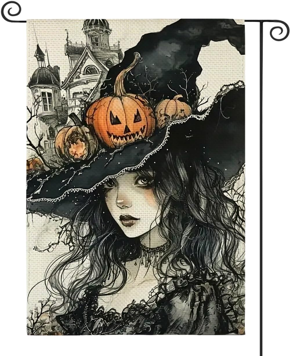 Halloween Witch Garden Flag 12×18? Double-Sided Burlap Styling & Spooky Design | USA Decoration®