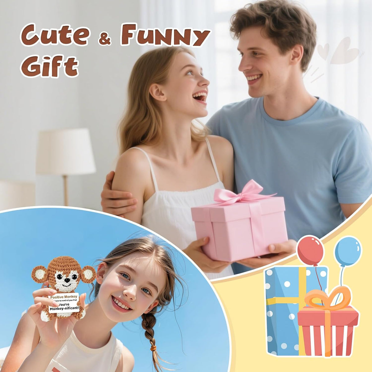 Cute Funny Gift for Her/Him/Friend/Coworker, Positive Crochet Monkey