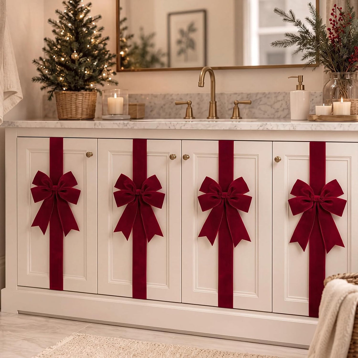 Daifunli 6 Pcs Burgundy Velvet Christmas Cabinet Bows Ribbons for Kitchen