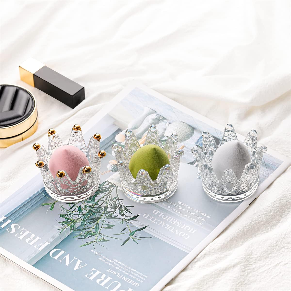 Crystal Glass Candle Holder Sets Crown Shaped for Tealight Candles, Beauty Makeup Blenders and Sponges Storage Rack, Jewelry Watch Organizer, Nail Art Dappen Dish, Wedding Christmas Home Decor