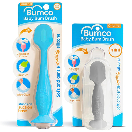 Bumco Baby Bum Brush + Mini Diaper Cream Spatula with Case BPA-Free Silicone Diaper Cream Applicator with Suction Base Easy to Clean Mom-Invented (Blue & Gray)