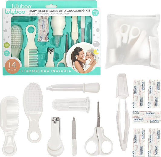 Lulyboo 14-Piece Baby Grooming Kit Safe BPA-Free Newborn & Toddler Care Set with Brush, Comb, Nail Clippers, Scissors, Nasal Aspirator & Travel Bag Baby Essentials for New Parents
